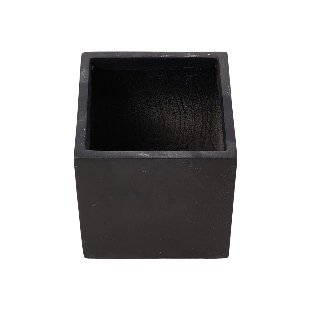 Cube Shaped Cement Planter Flower Pot With Drainage Holes | Large | Black