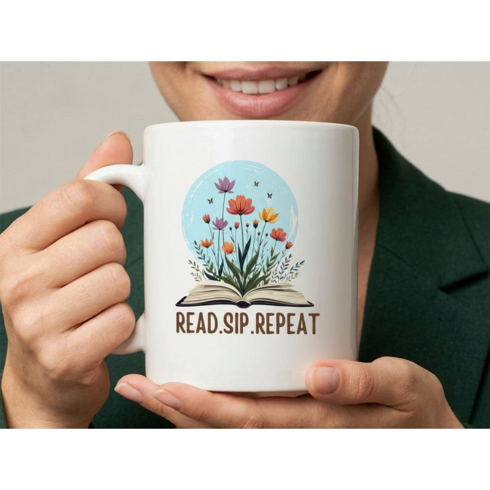 Dyzi Read Sip Repeat Quote Ceramic Mug White For Book Lovers