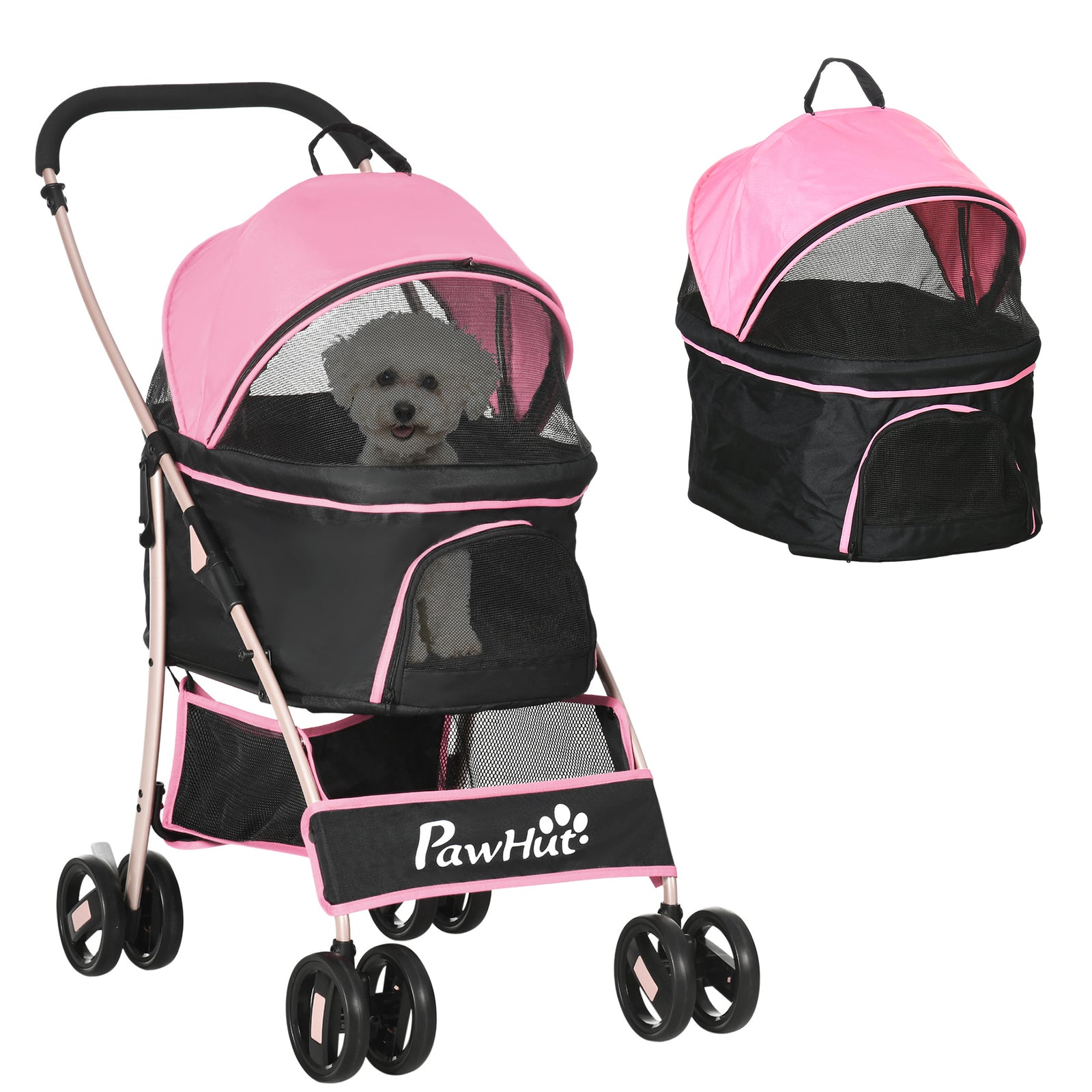 3 In 1 Pet Stroller, Detachable Dog Cat Travel Carriage | Pink