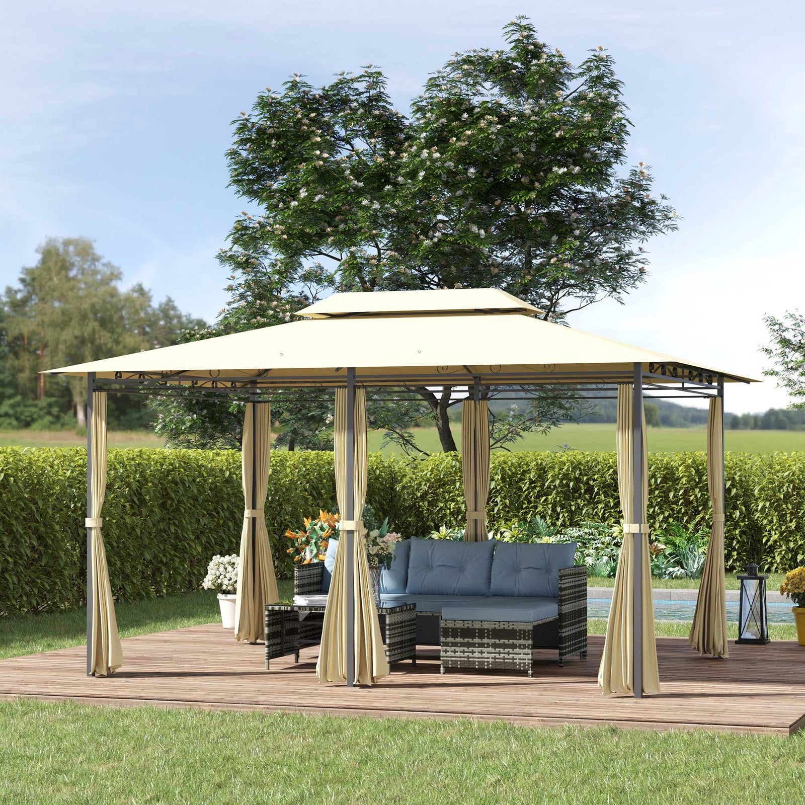 3 X 4m Outdoor 2-tier Steel Frame Gazebo W/ Curtains Outdoor | Beige