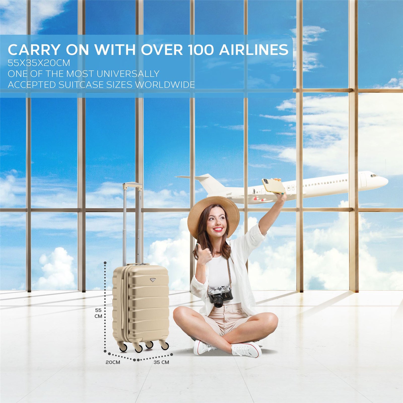 55x35x20cm Cabin Carry On Suitcase Hard Shell Overhead Luggage 100+ Airlines Approved | Cabin | Champagne