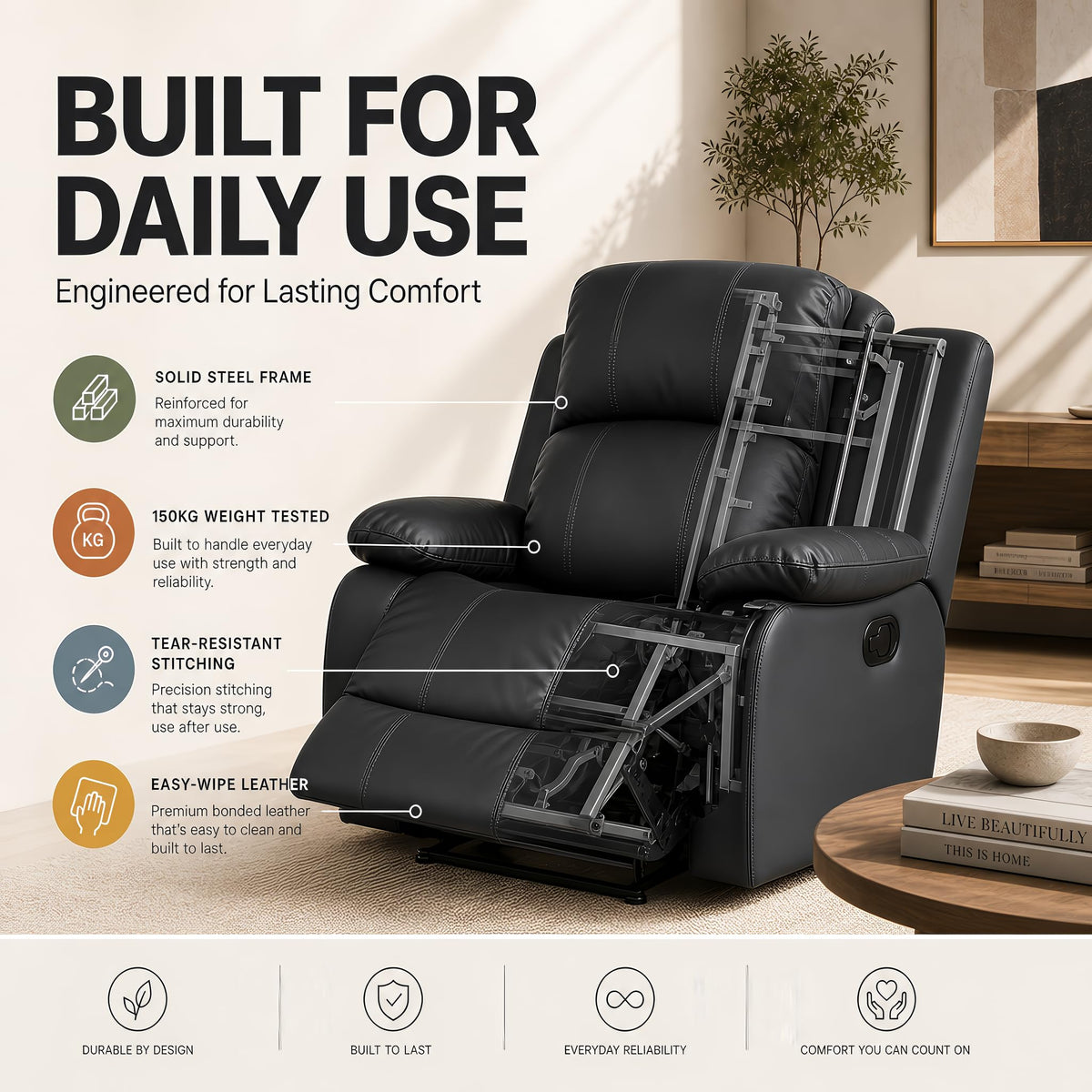 Manual Recliner Sofa 1 Seater Faux Leather | Black