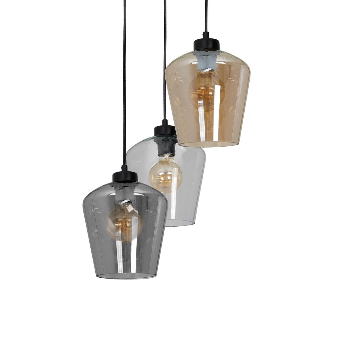 Santiago Triple Black Pendant Lamp E27 Hand Made With Elegant Glassshades In Delicate Amber Cool Smoked Grey And Clear