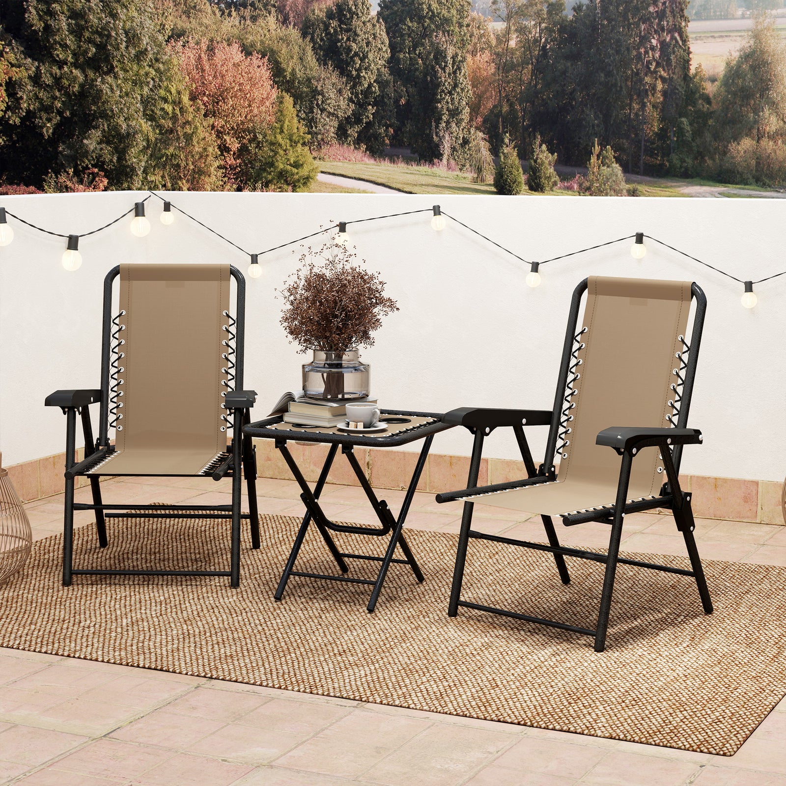 3 Pieces Folding Garden Bistro Set With Cup Holders | Khaki