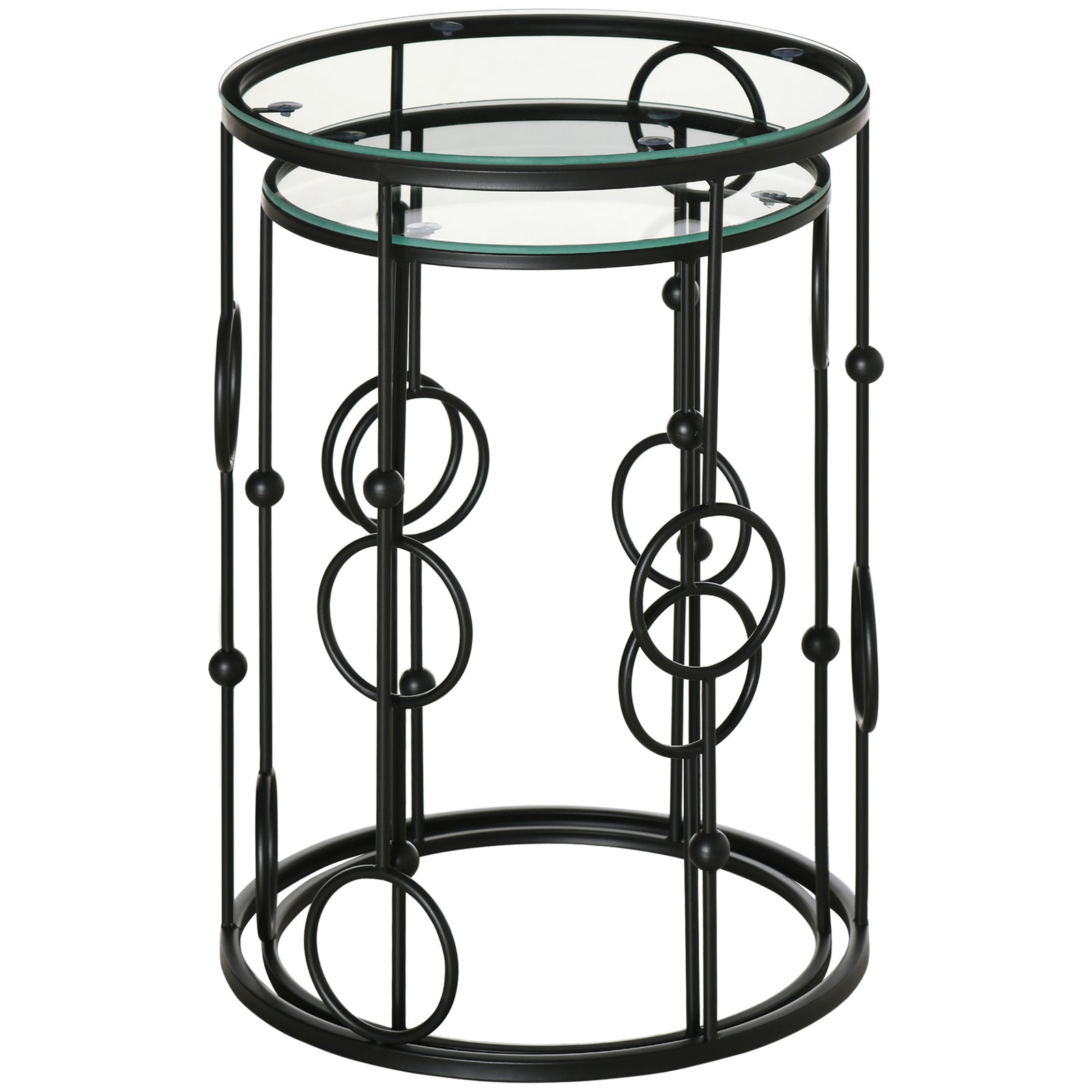 HOMCOM Set Of 2 Nesting Coffee Table, Side Tables With Glass Top, Black
