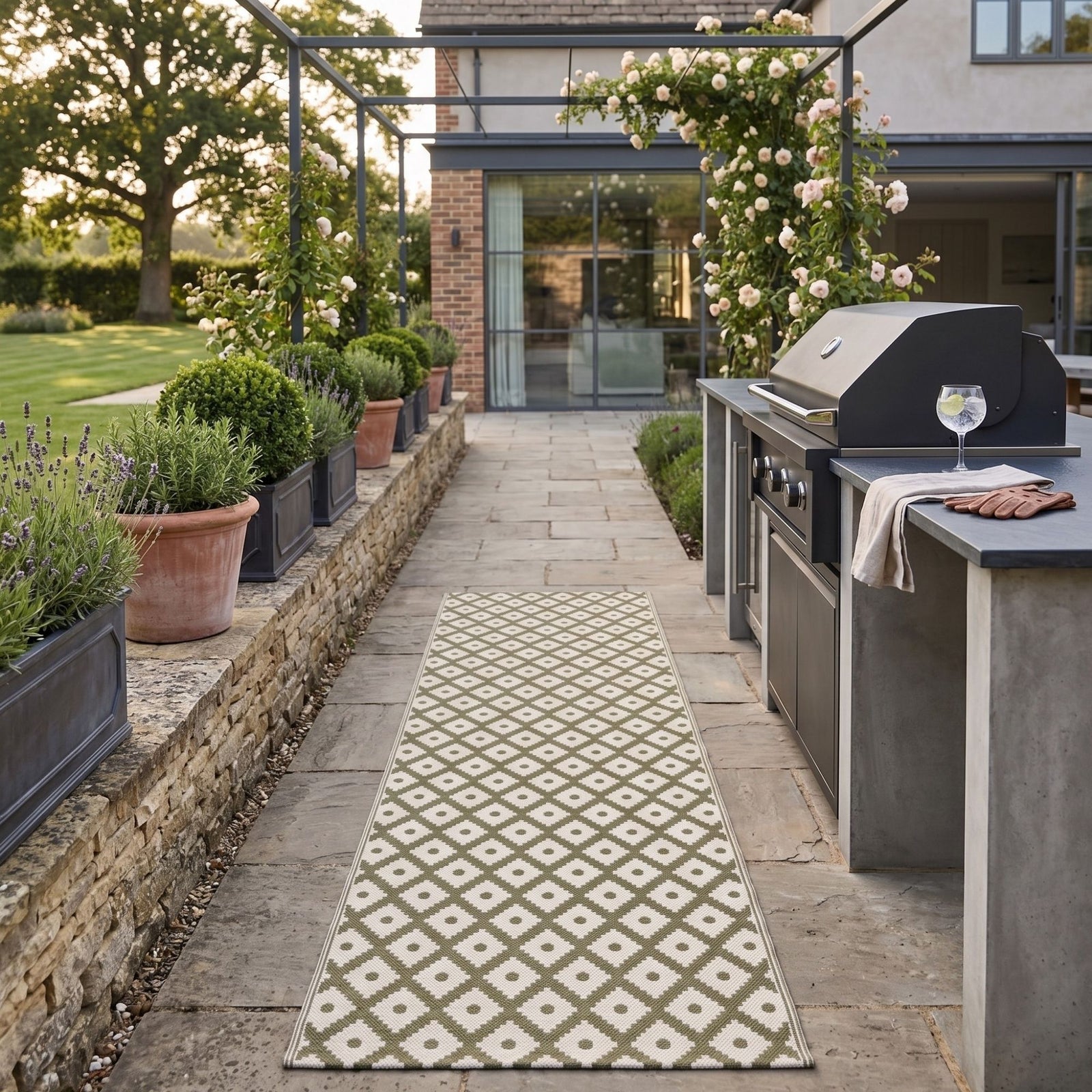 Luxury Outdoor Rug Waterproof Reversible For Garden Patio 100% Recycled, Green May Geometric | 75cm x 200cm | Olive