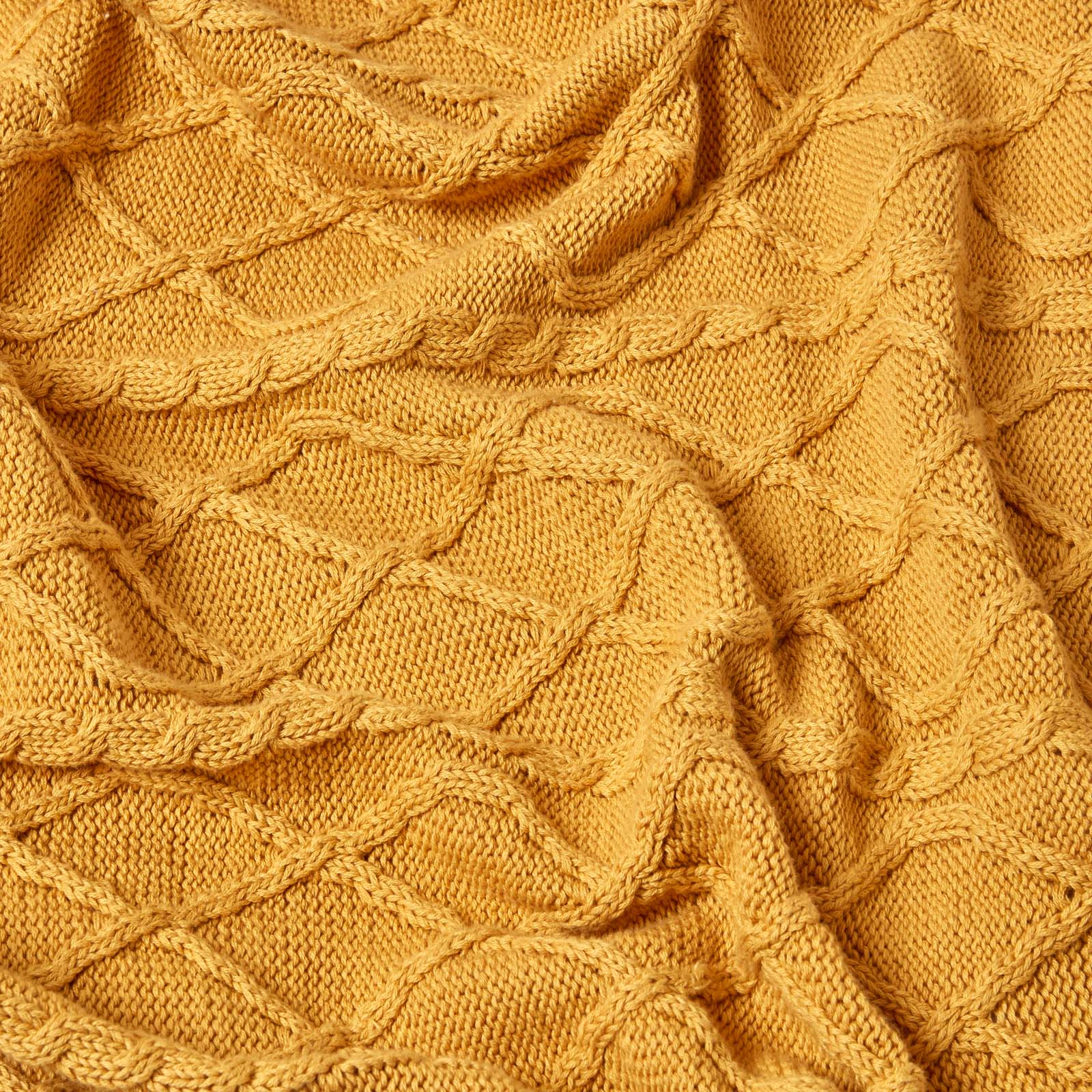 Cable Knit Diamond Pattern Cotton Throw | 150cm x 200cm | Mustard