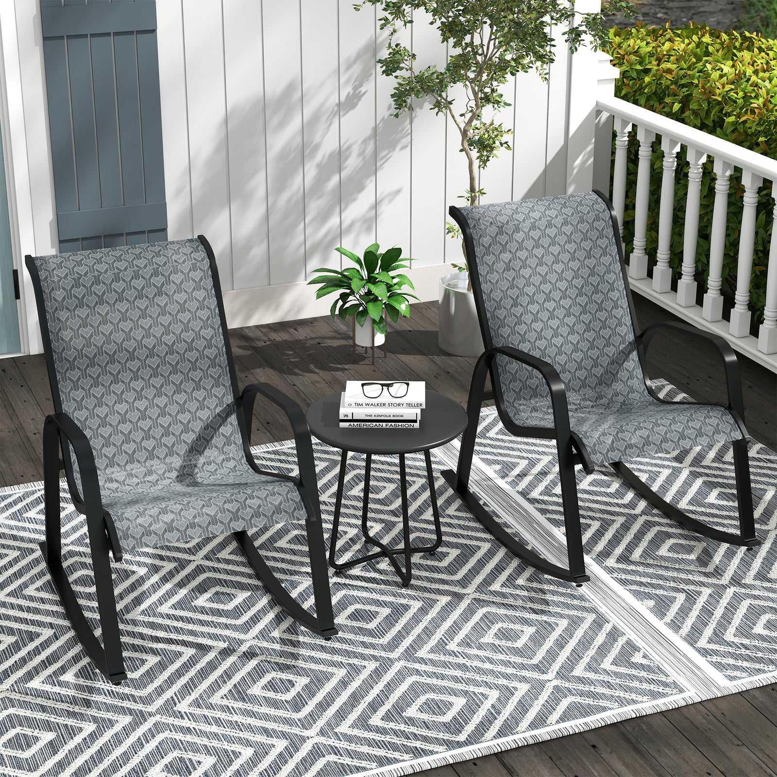 Outsunny 3 Pcs Outdoor Rocking Bistro Set, Mesh Fabric, Grey
