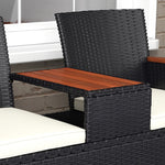 Rattan Garden Bench W/ Wood Top Table, Chair, Cushions | Black