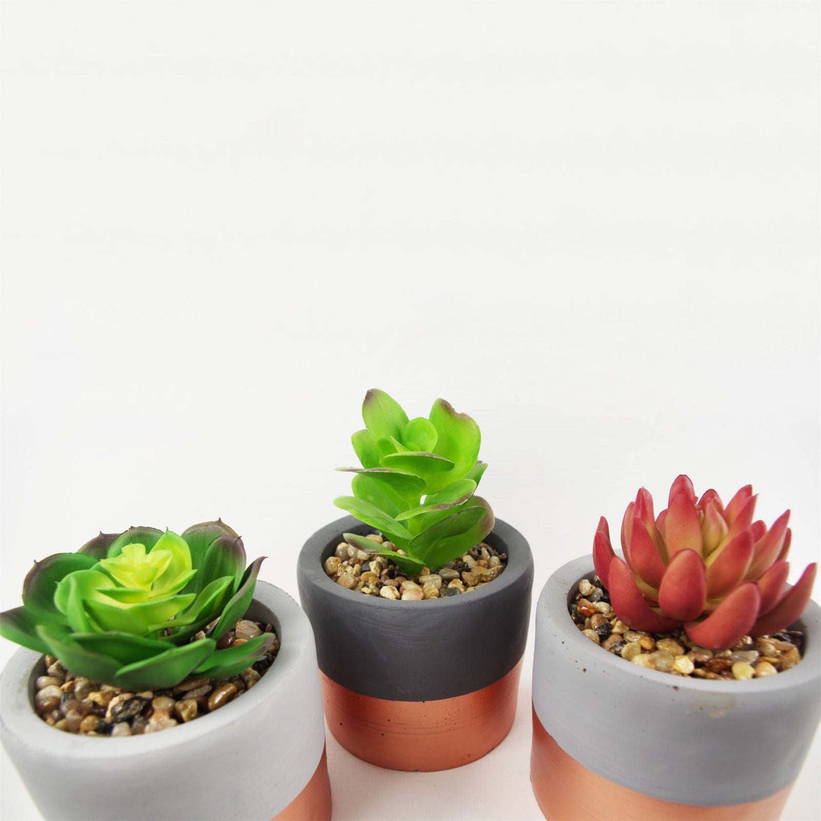 14cm Set Of Three Stoneware Mini Copper Band Planters With Artificial Succulent Plants