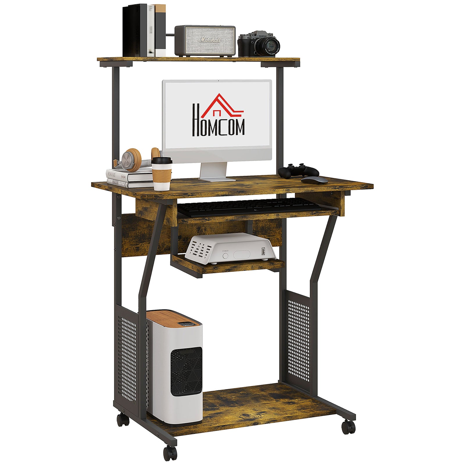 Mobile Desk With Storage Shelves, Industrial