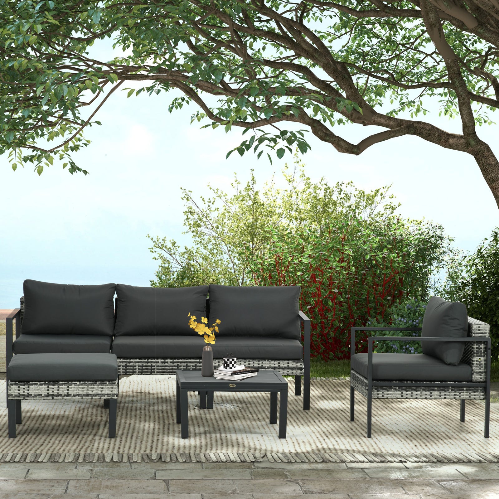 6 Pcs Rattan Garden Furniture Set With Table, Cushion | Charcoal Gray