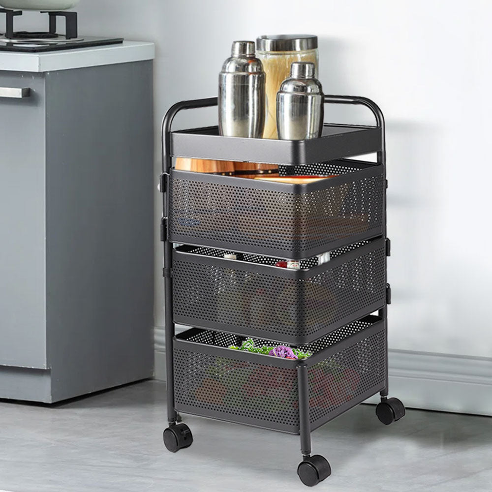 Multi-layer Storage Shelf Trolley 3/4/5 Tier Square Organizer Rack With Swivel Design For Kitchen | Small | Black