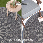 Luxury Outdoor Rug Waterproof Reversible Round For Garden Patio, Black Mandala