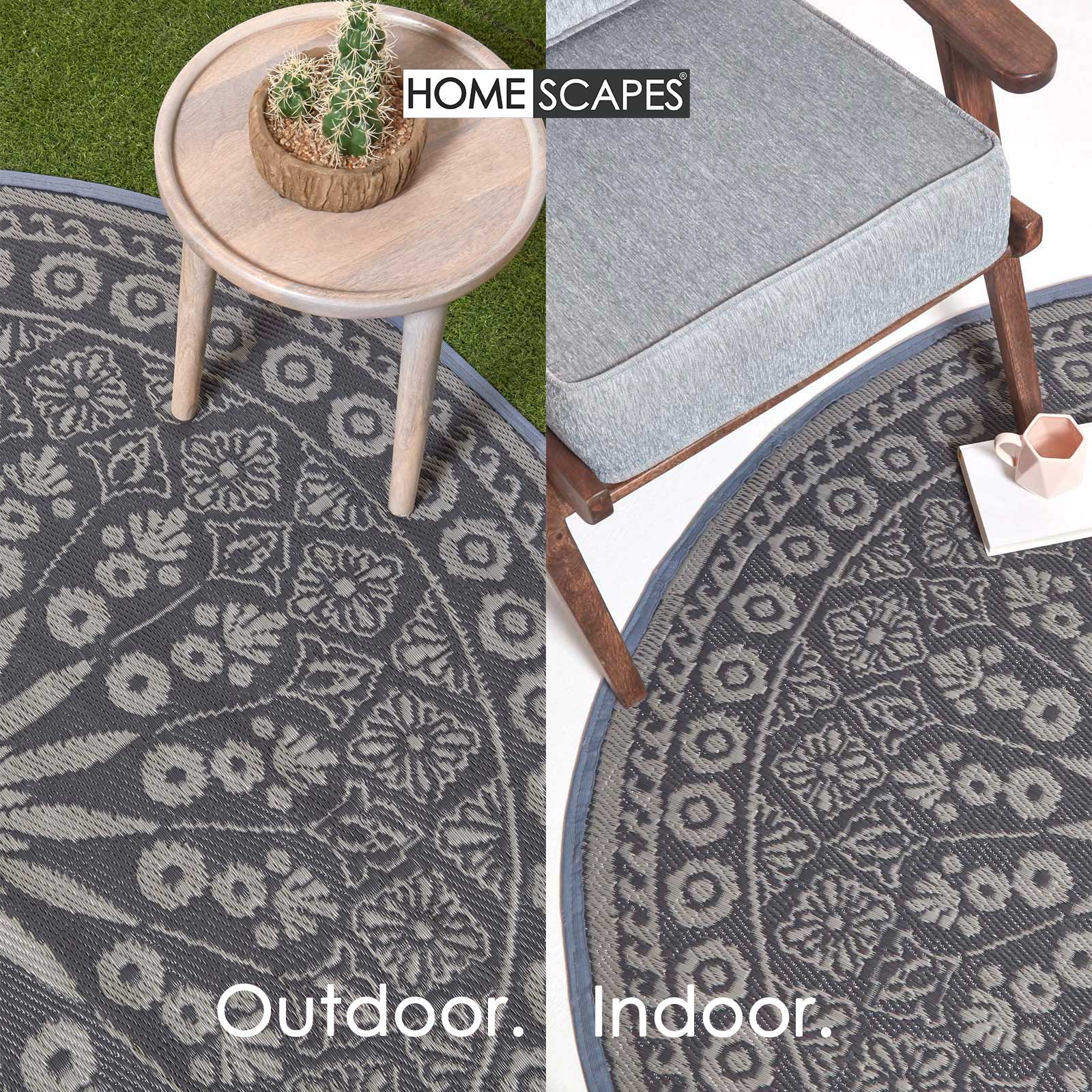 Luxury Outdoor Rug Waterproof Reversible Round For Garden Patio, Black Mandala
