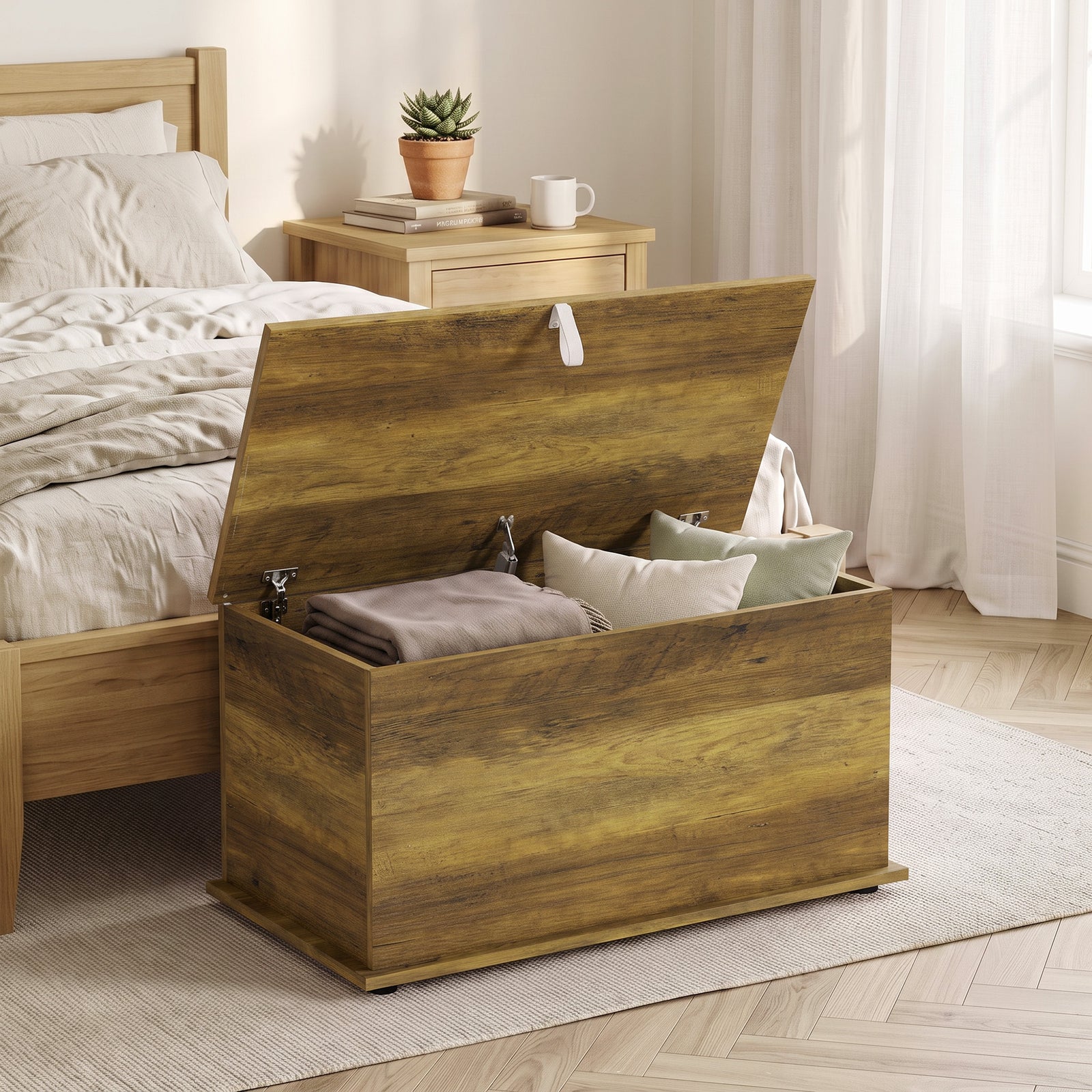 Storage Chest With Safety Hinged Lid, 102l Storage Box | Brown