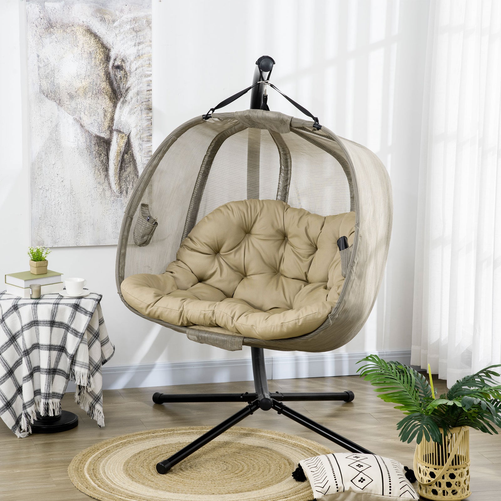 2 Seaters Textlin Swing Hammock W/ Cushion & Fold Design | Brown
