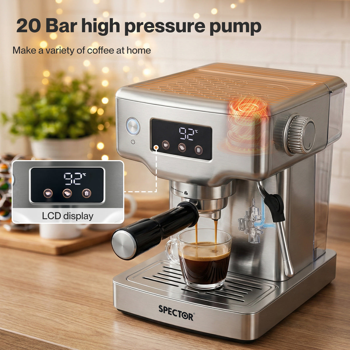 Spector 20 Bar Espresso Coffee Machine Maker Milk Frother Cappuccino Latte Cafe