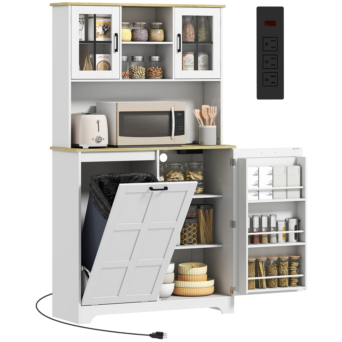 HOMCOM 175cm Tall Kitchen Cabinet With Rubbish Bin, White