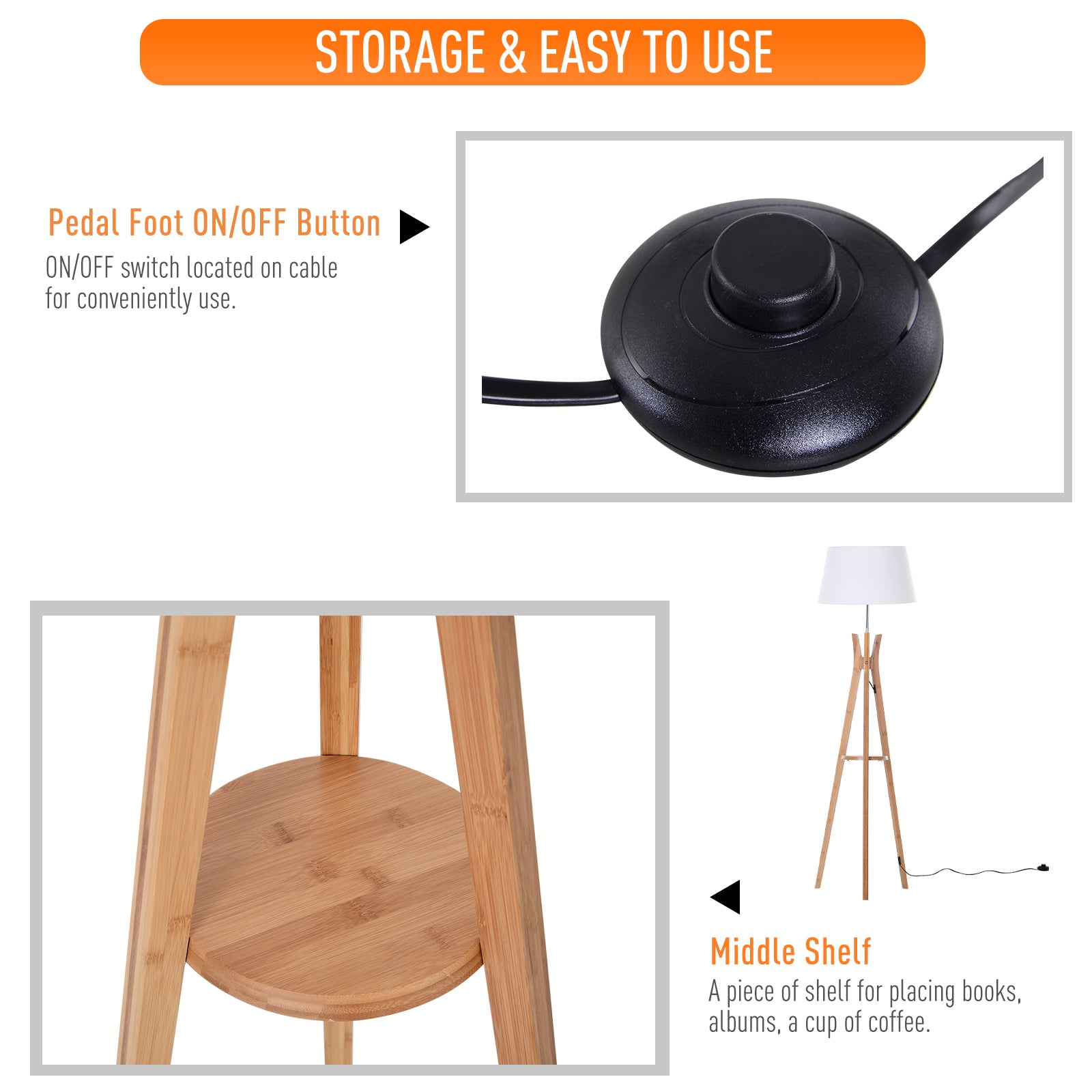 Tripod Floor Lamp Light E27 Base With Fabric Shade Shelf | One Size | Natura