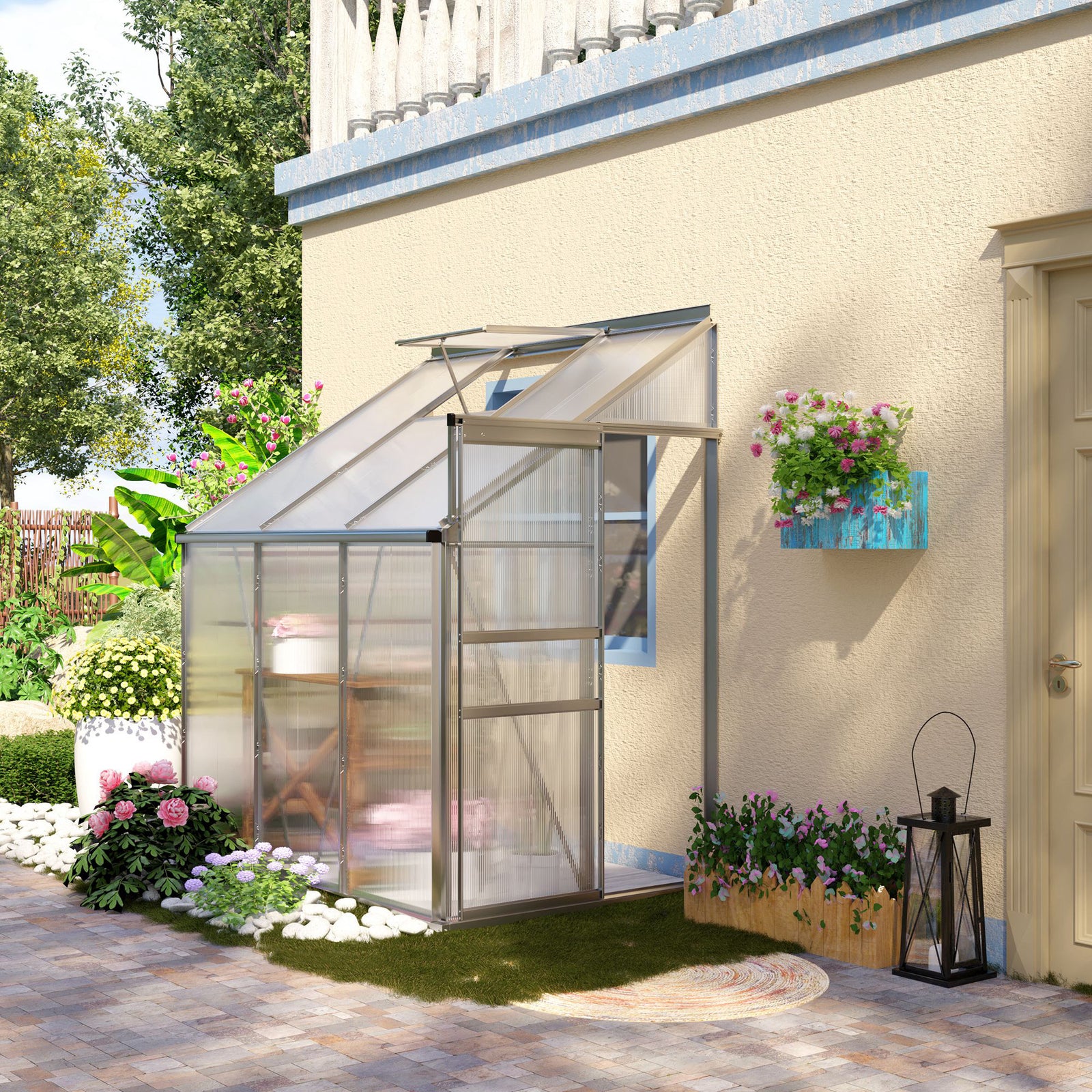 6x4ft Lean-to Polycarbonate Greenhouse W/ Roof Vent