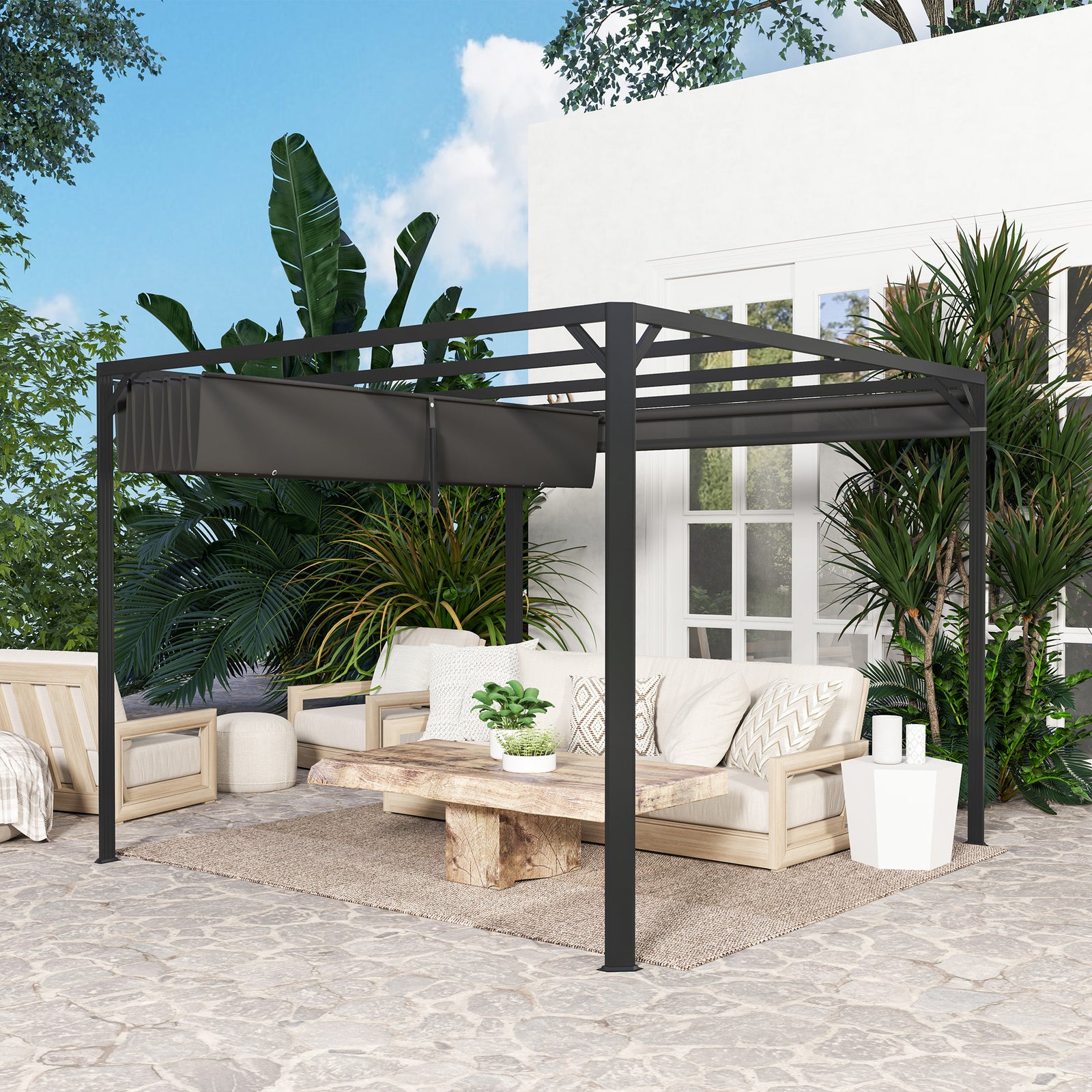 3 X 3(m) Pergola With Retractable Roof & Roller Shade | Dark Gray
