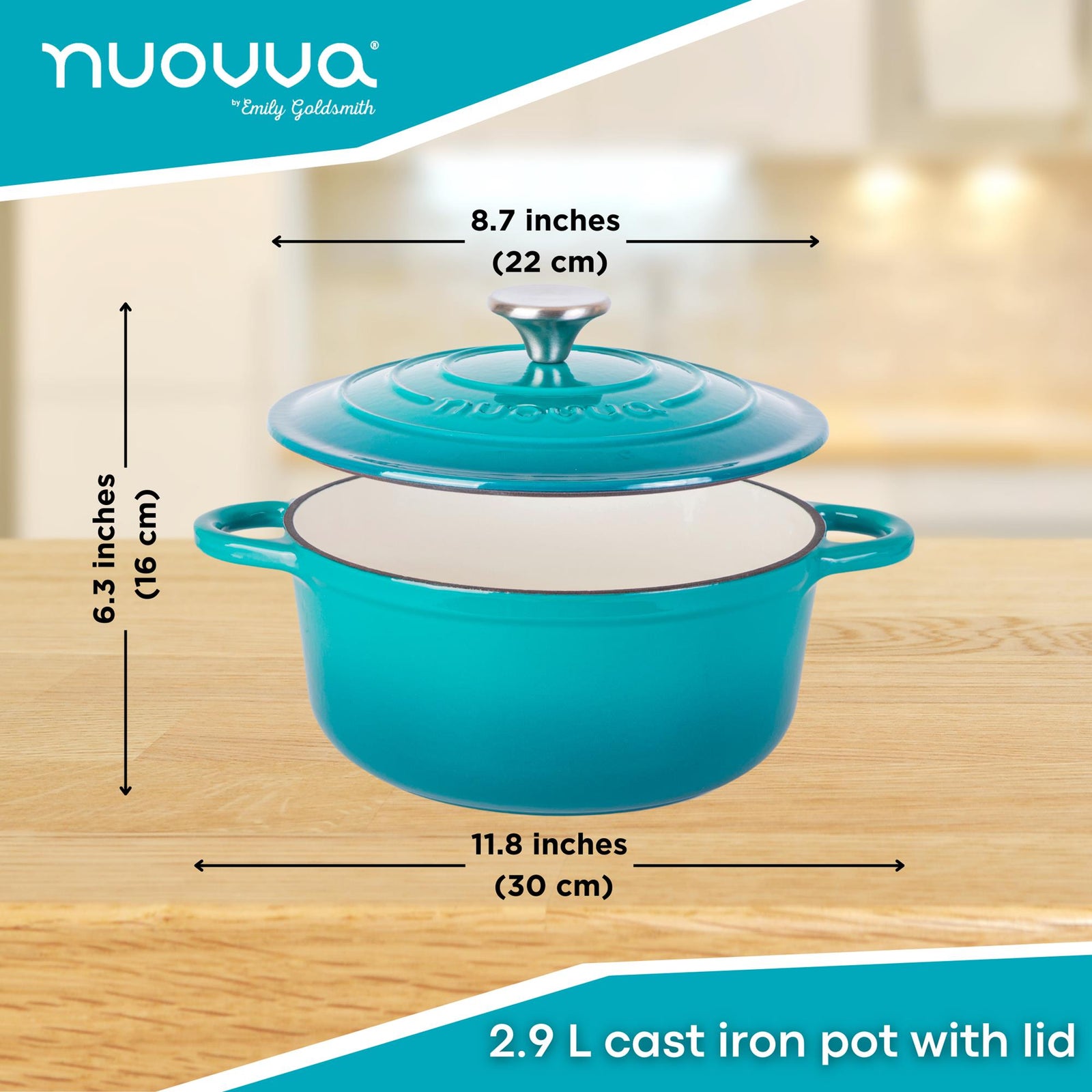 Cast Iron Dutch Oven Casserole Pot With Lid - 22cm (2.9l) | Teal