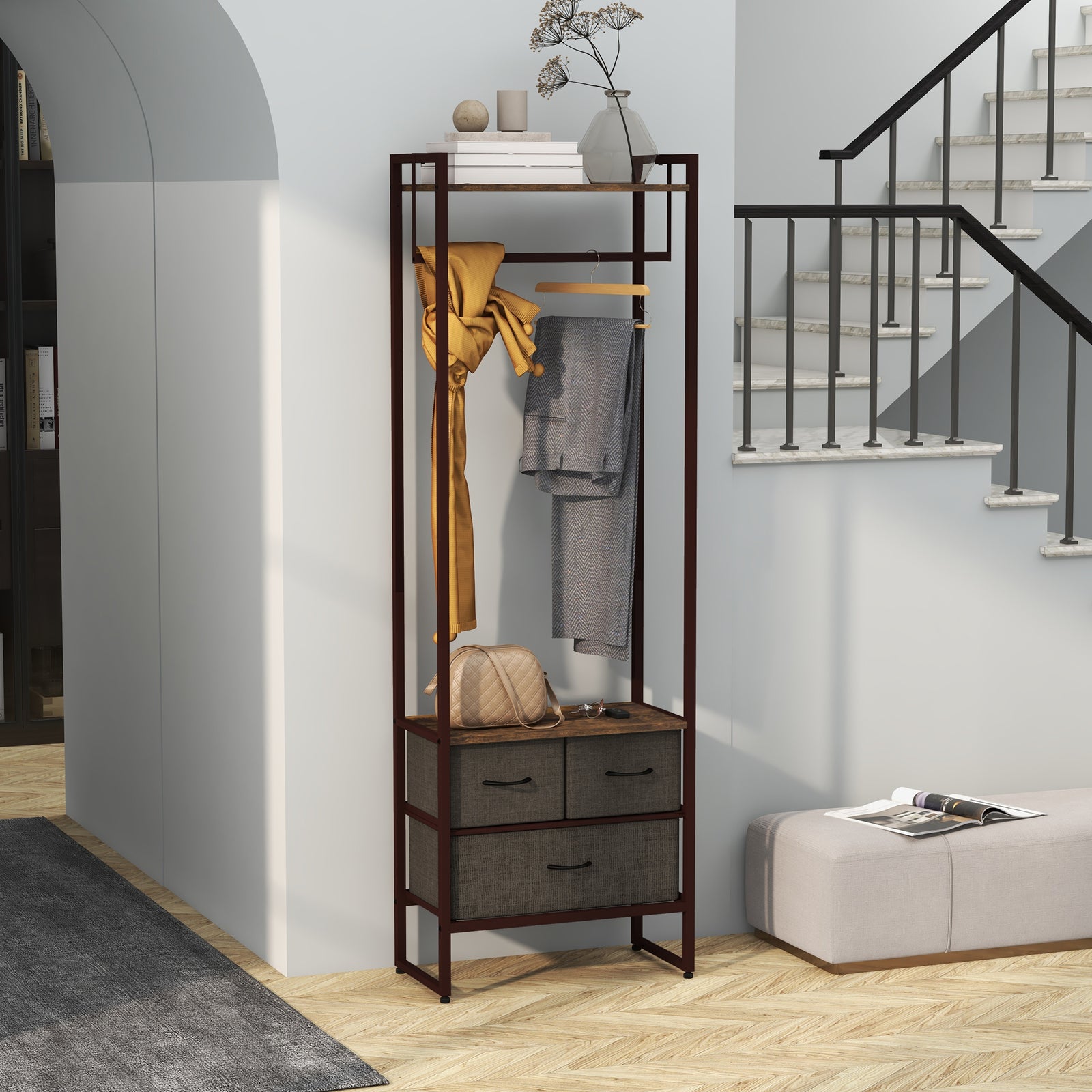 Clothes Hanging Rail With 3 Fabric Drawers Storage Shelves