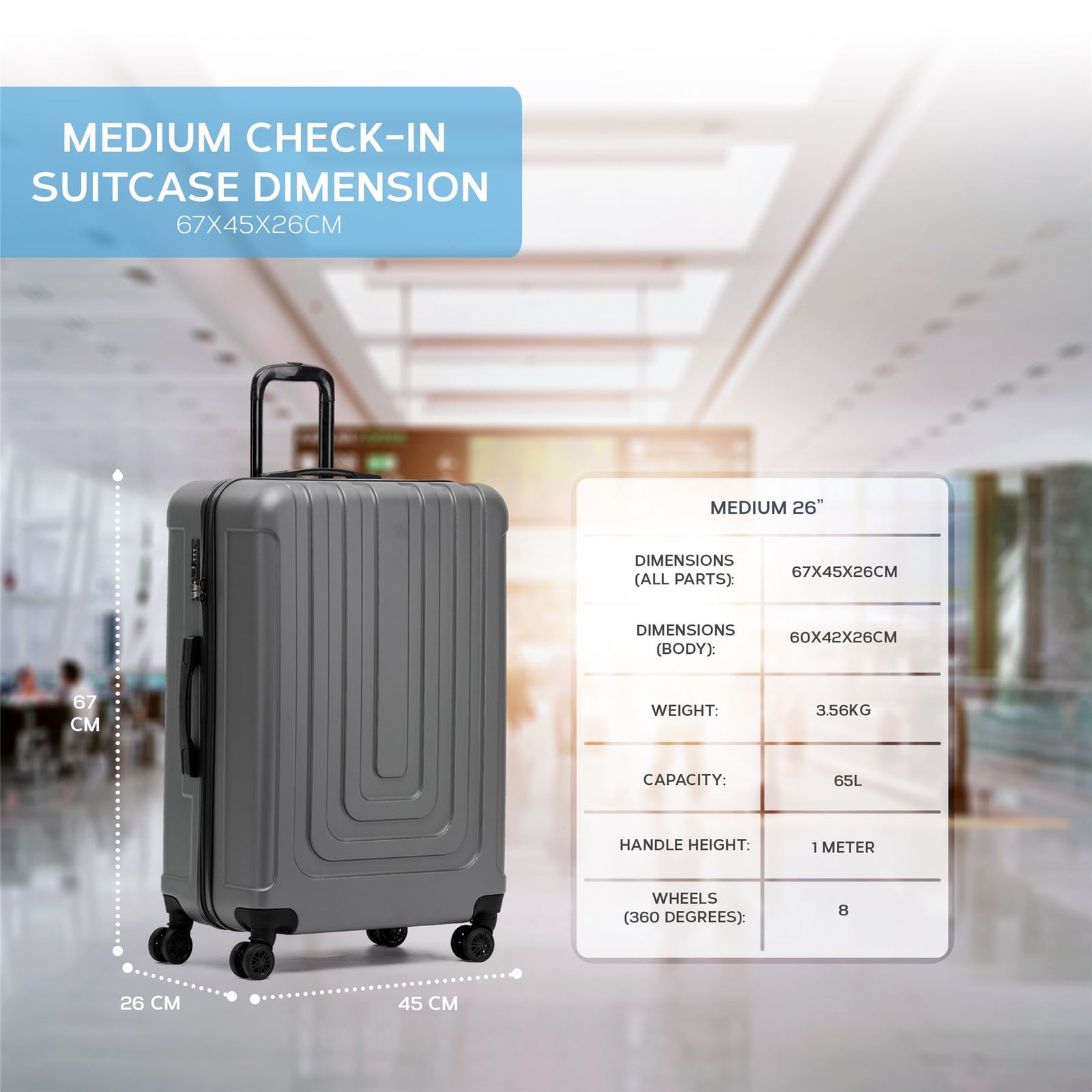 Medium 26" Hard Shell Check In Suitcase 8 Spinner Wheels Hold Luggage | Medium | Anthracite