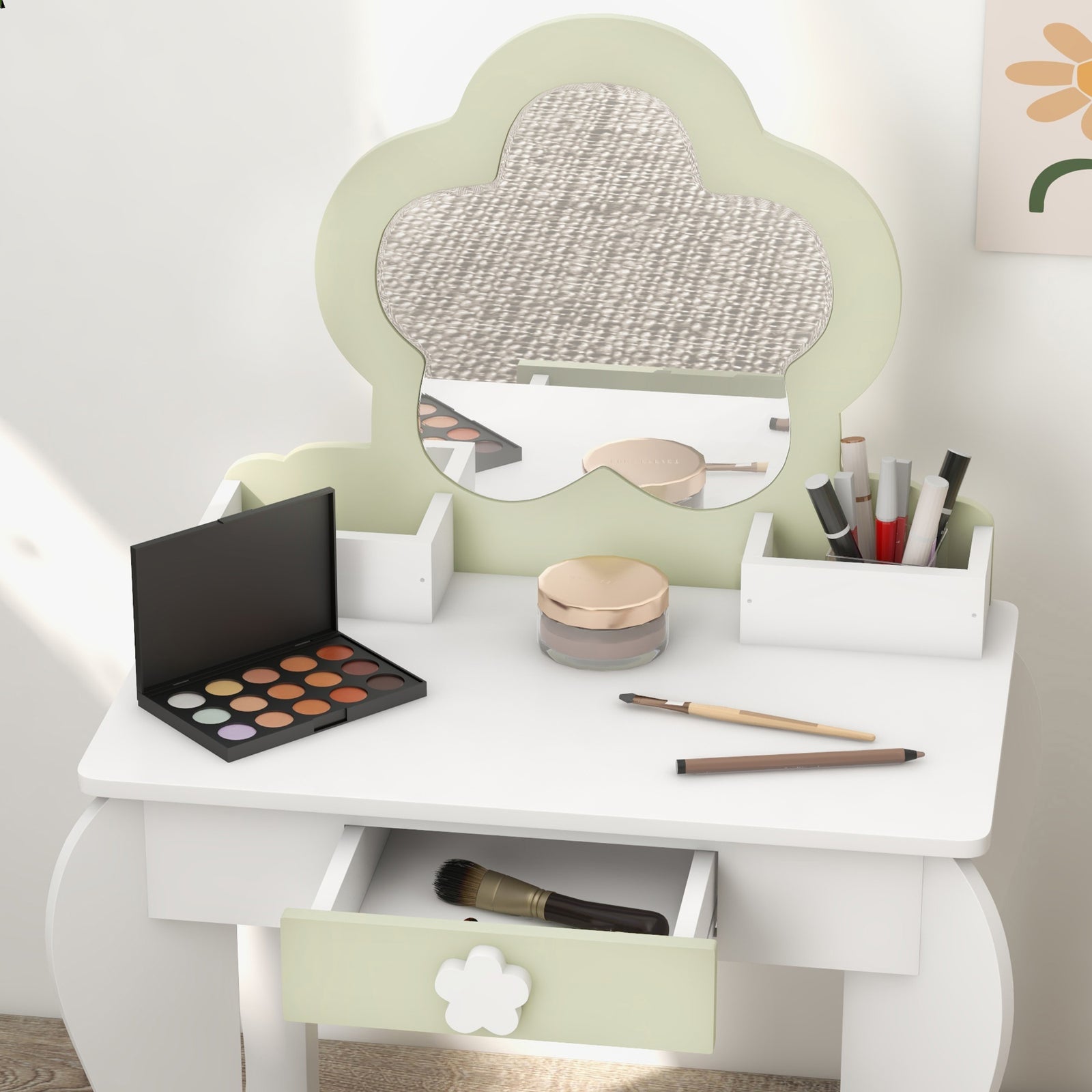 Kids Dressing Table With Mirror And Stool, Drawer, Storage Boxes - White | White