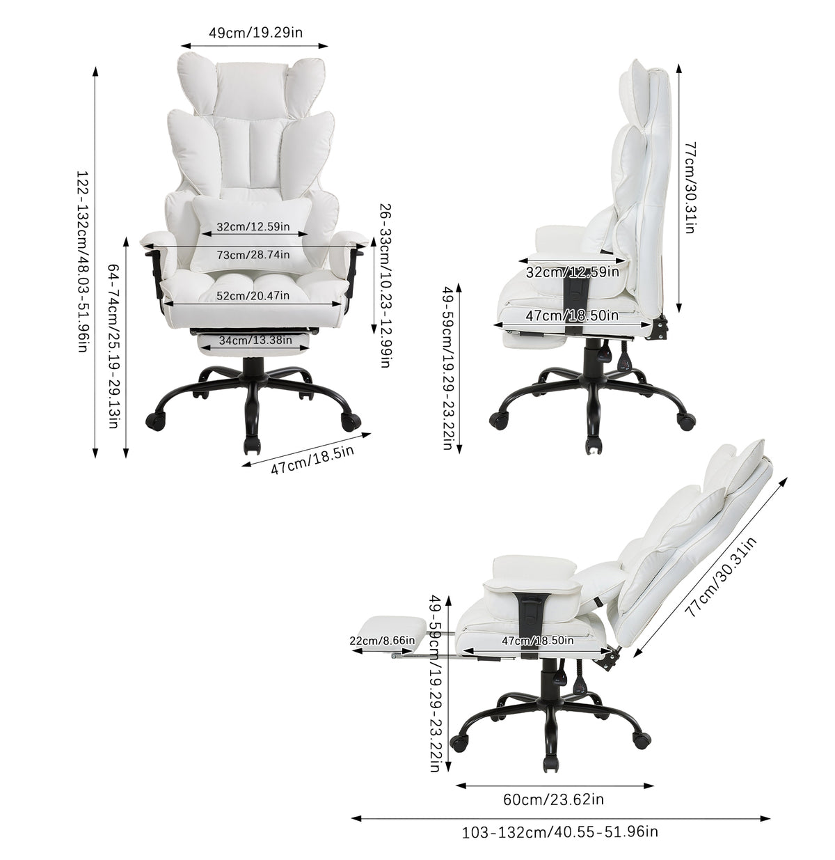 Height-adjustable Reclining Swivel Office Chair With Footrest | White