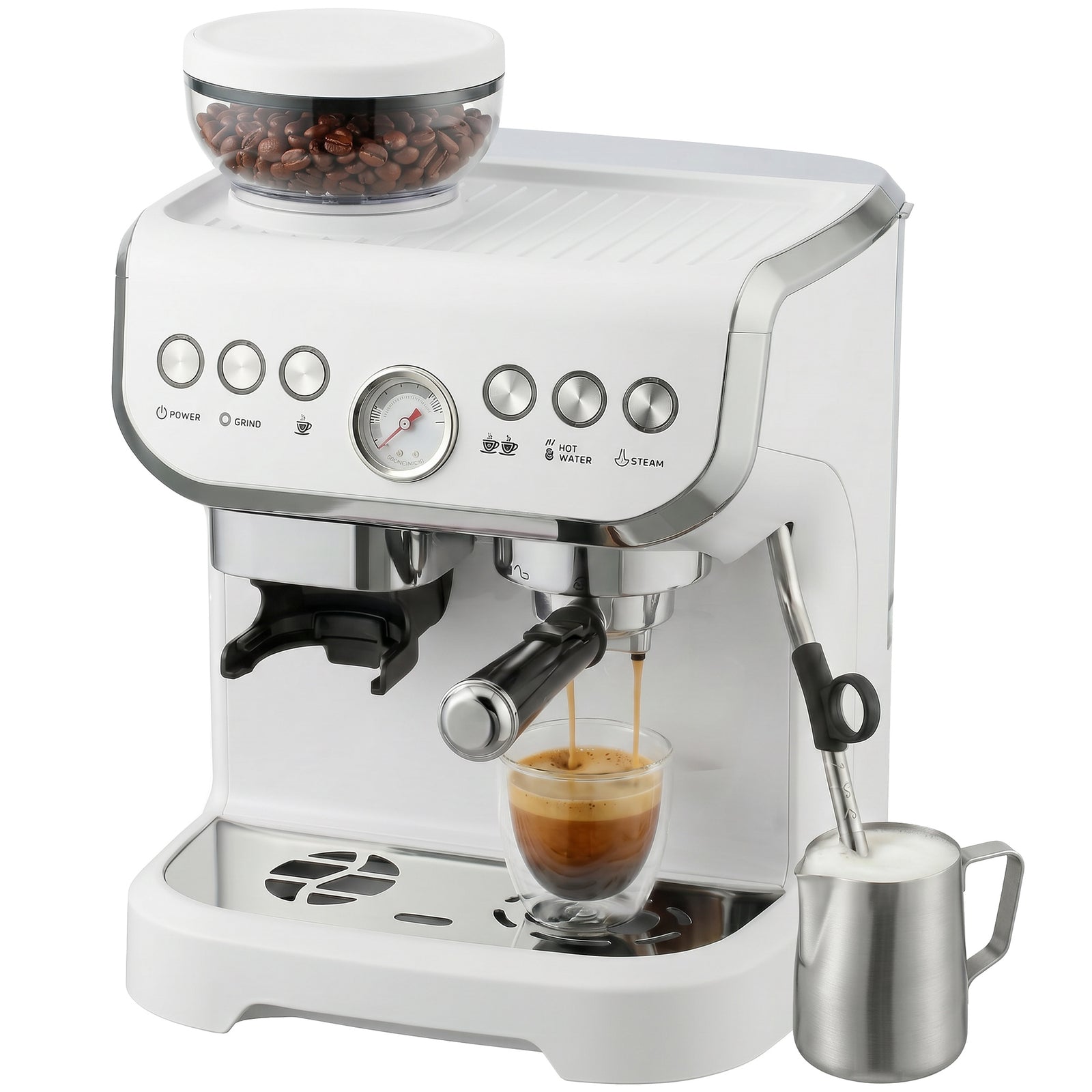 Espresso Machine, Bean Grinder & Steam Wand, 15 Bar Pressure | White