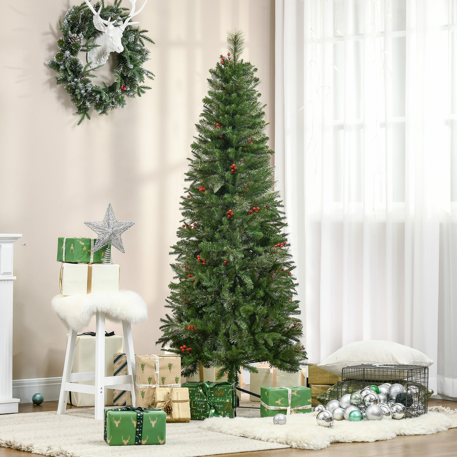 5/6/7ft Pencil Shape Christmas Tree, Berries | 6ft | Green