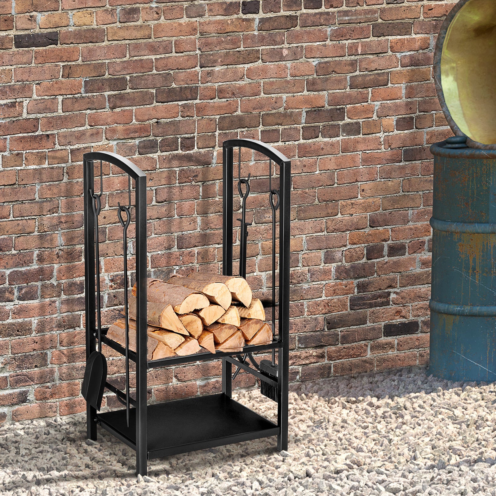 Indoor Outdoor Firewood Rack W/ Hooks & 4 Tools, Black