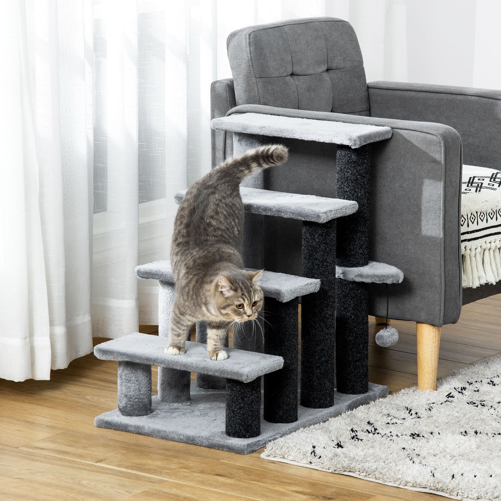 Pet Stairs With 3/4-step Stair, Scratching Posts, Platforms, Toy Ball | Large | Gray