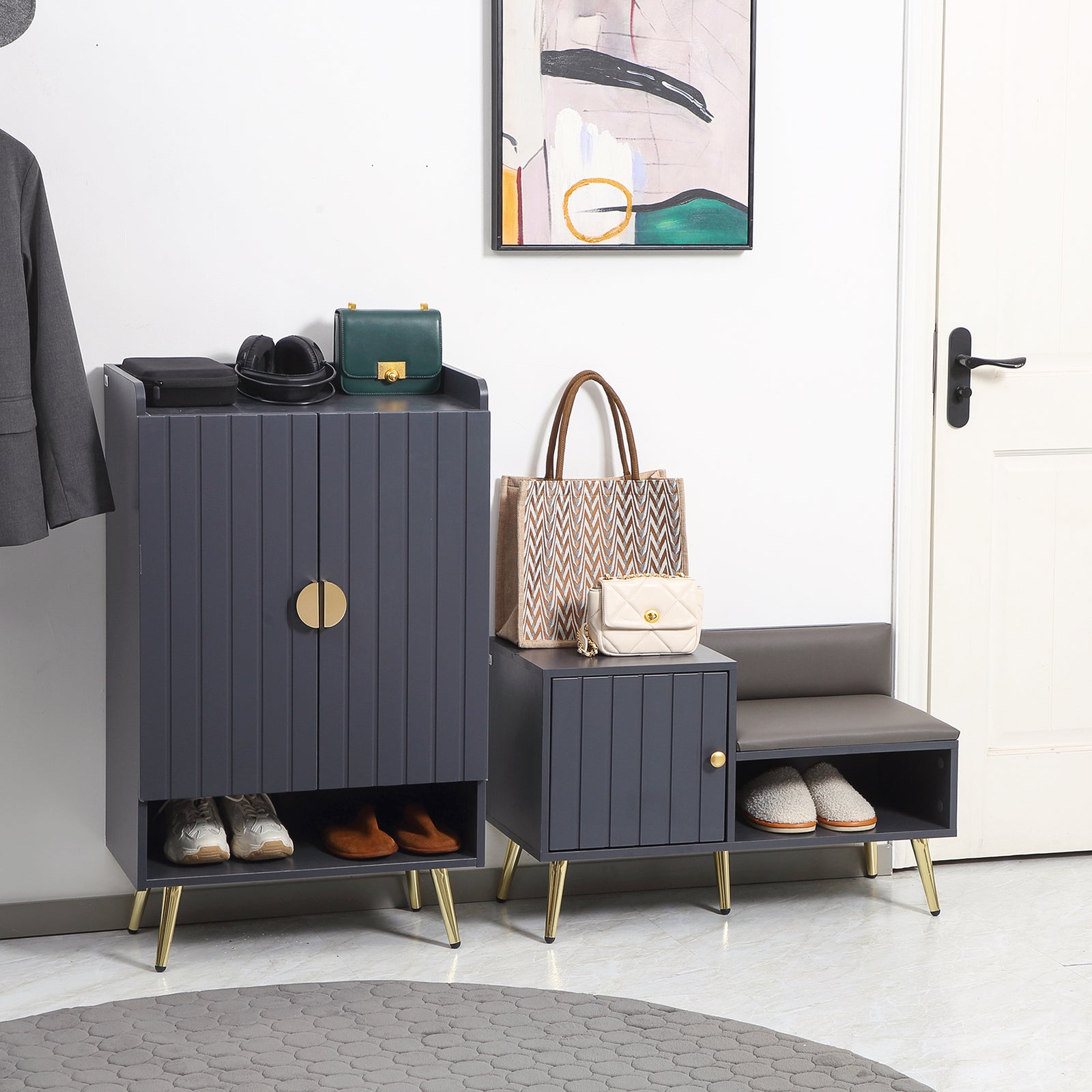 Upholstered Entryway Shoe Bench Storage Cabinet Open Shelf | One Size | Gray