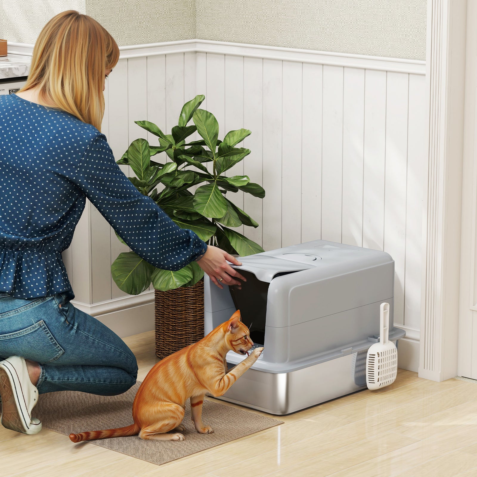 Stainless Steel Cat Litter Box With Removable Lid, Scoop, Grey | Grey