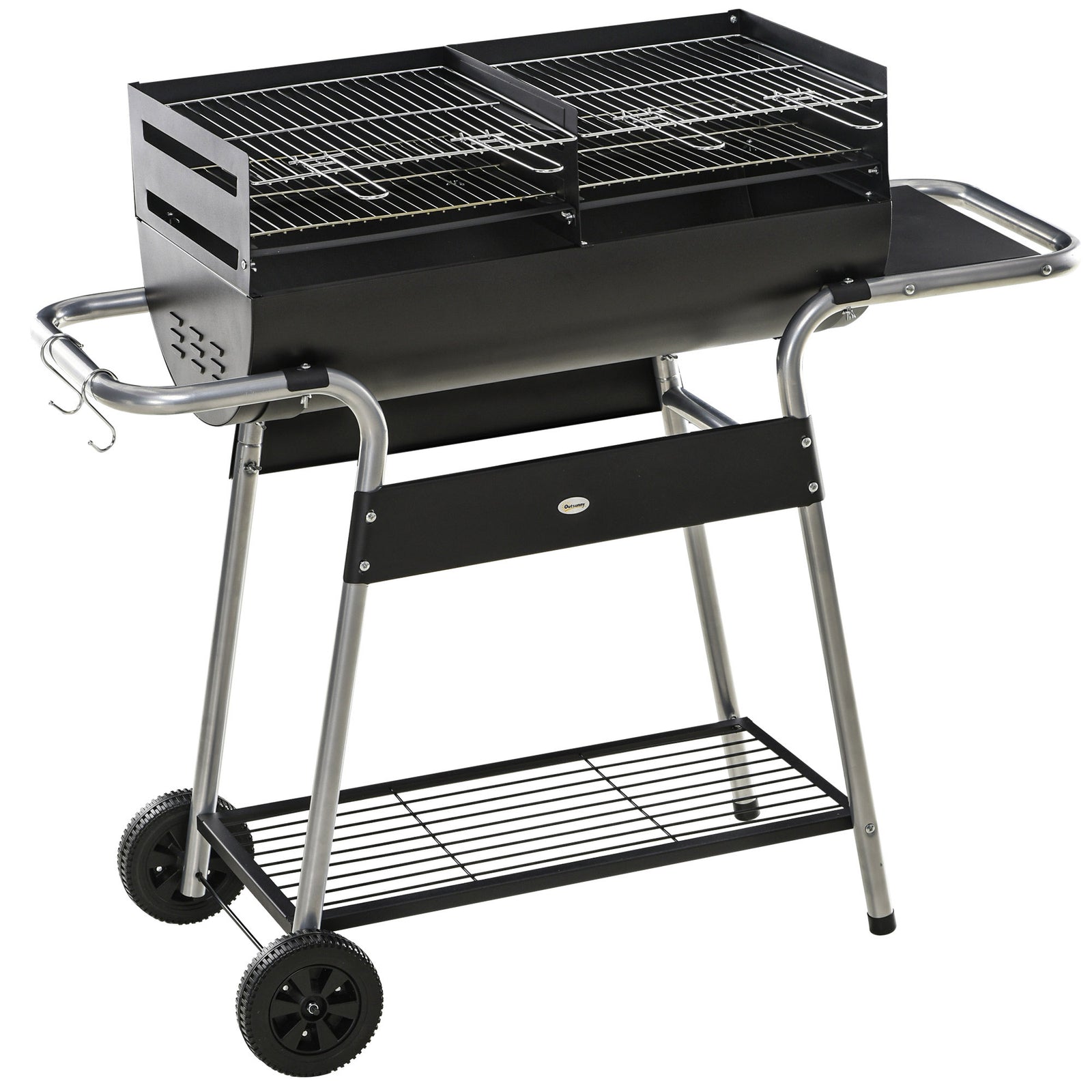 Charcoal Grill Trolley, Double Grill, Side Table | Black