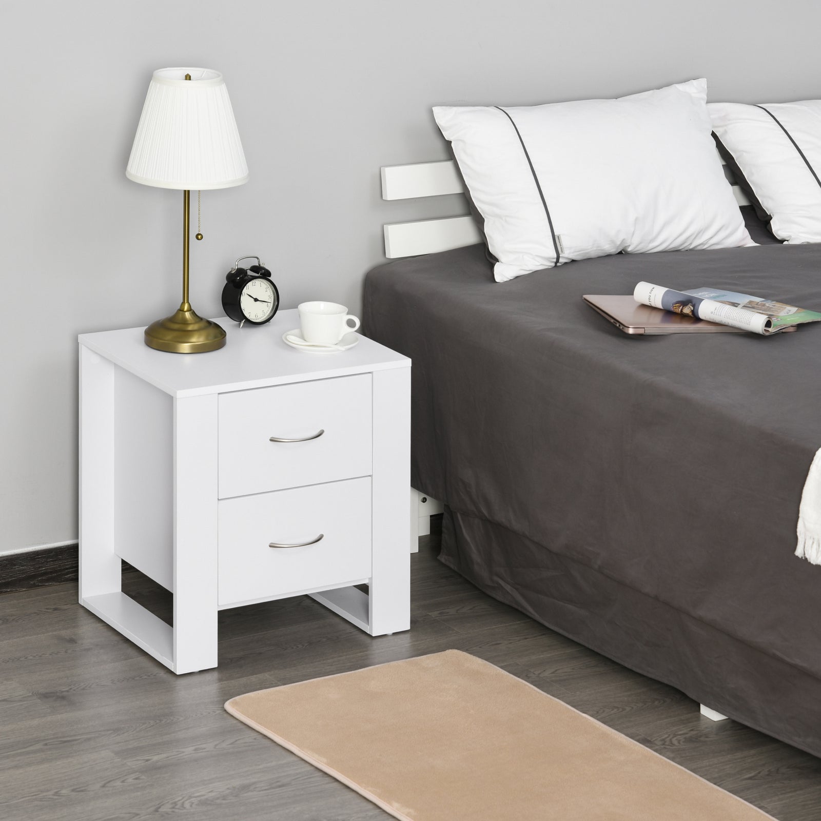 2 Drawer Boxy Bedside Table W/ Handles Elevated Base | One Size | White