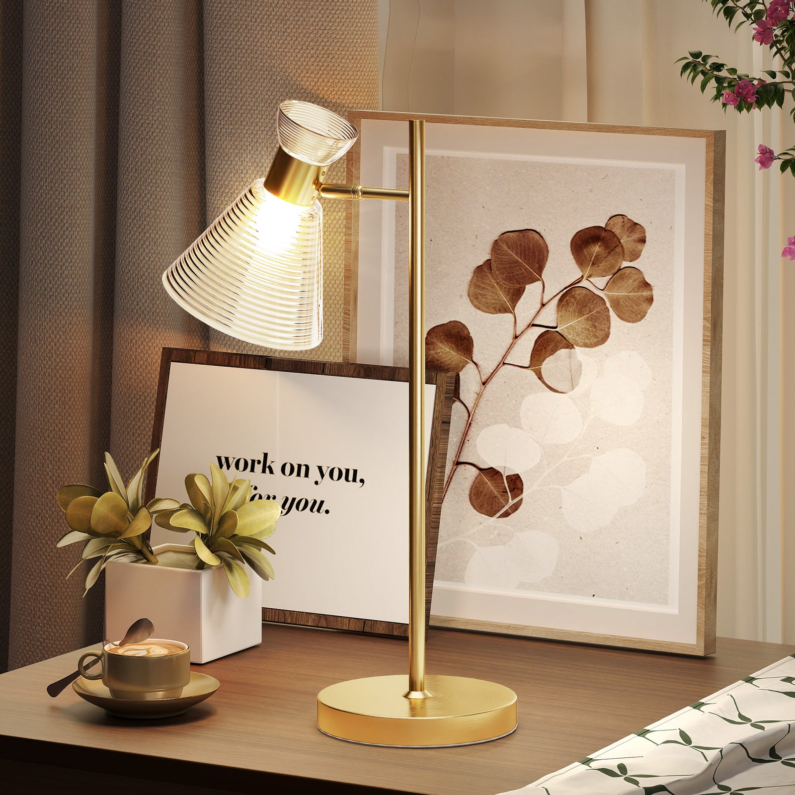 HOMCOM Table Lamp With Adjustable Head, Modern Bedside Lamp, Gold Tone