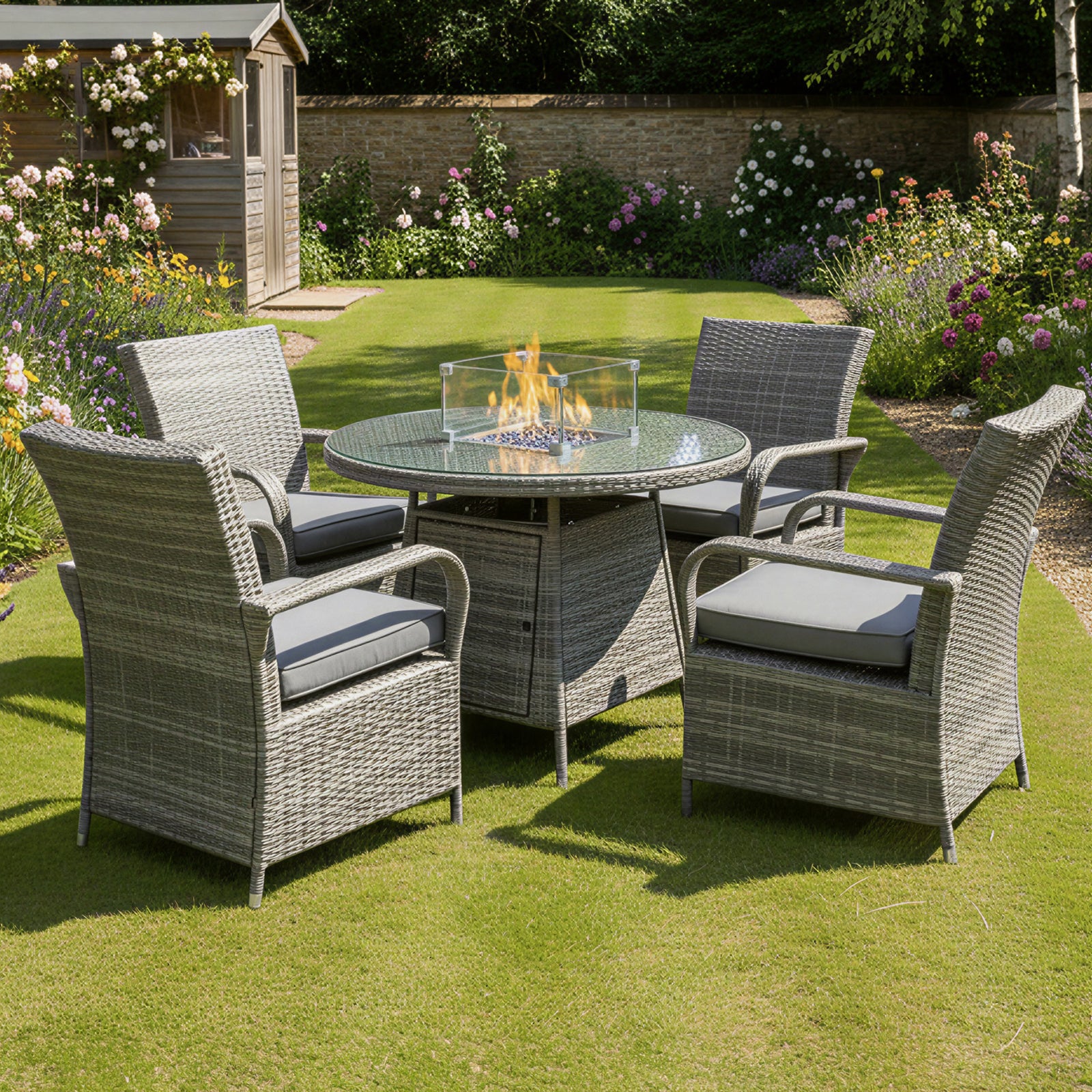 Windsor Rattan 4 Seat Firepit Dining Set | 4 Seat | Mixed Grey