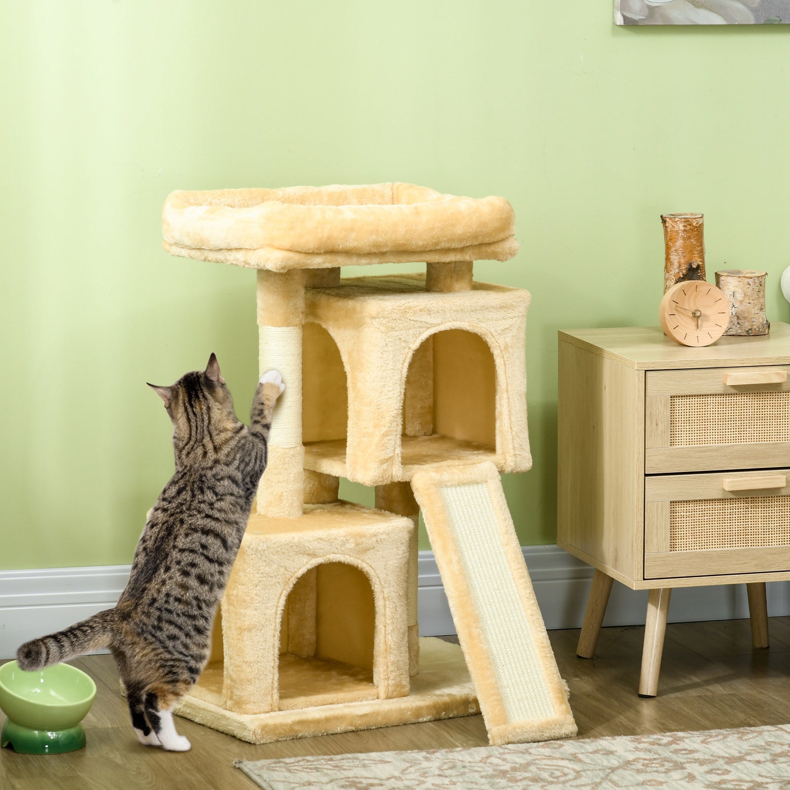 Cat Rest & Play Activity Tree W/ 2 House Perch Scratching Post | Cream