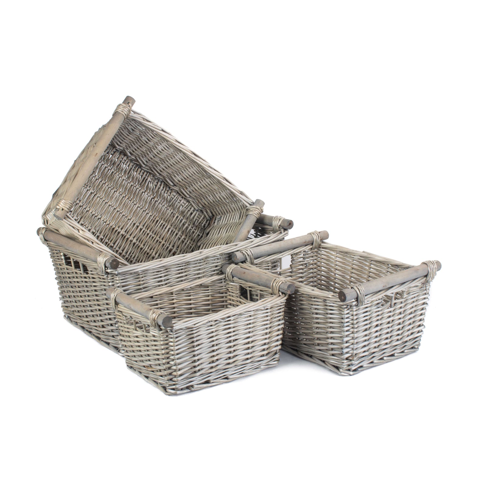 Wicker Grey Wash Wooden Handled Storage Basket | Set-of-4 | Gray