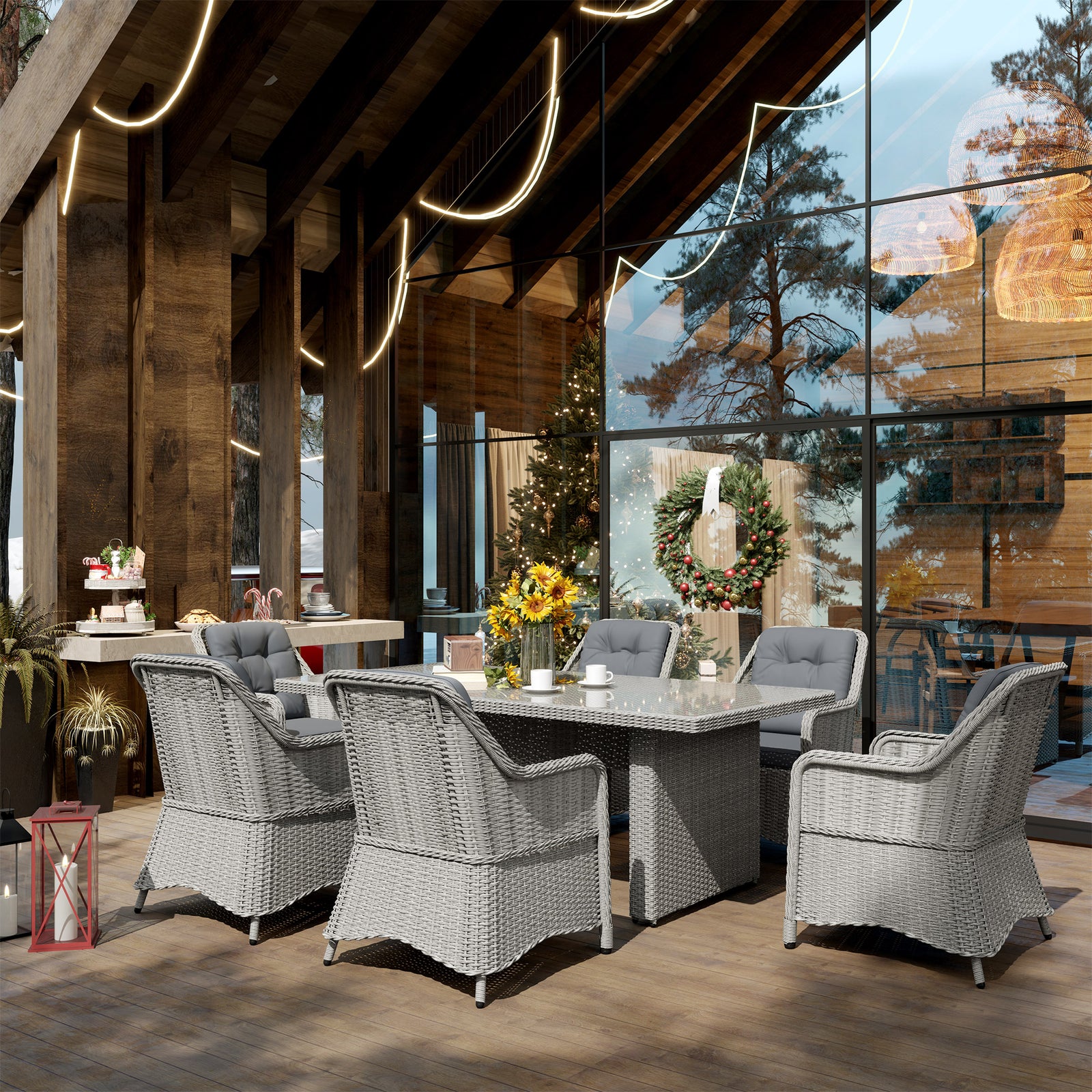 6 Seater Rattan Dining Set With Glass Top Table And Cushions