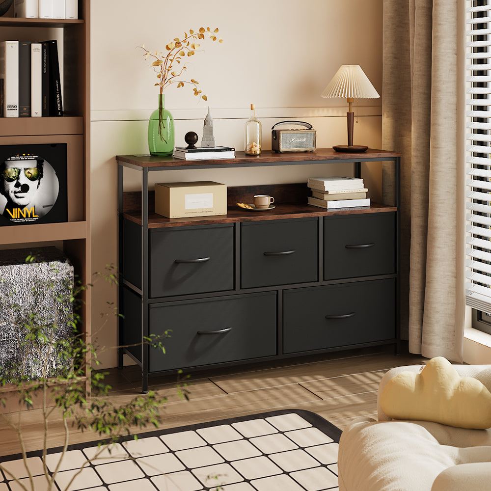 5-drawer Metal Frame Chest Of Drawers Storage Cabinet With Power Strip | Black