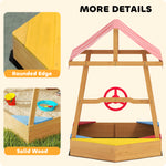 AIYAPLAY Wooden Kids Sandpit, Boat-style Sandbox W/ Canopy, Seats, Rudder & Bottom Liner
