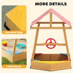 Wooden Kids Sandpit, Boat-style Sandbox W/ Canopy, Seats, Rudder & Bottom Liner