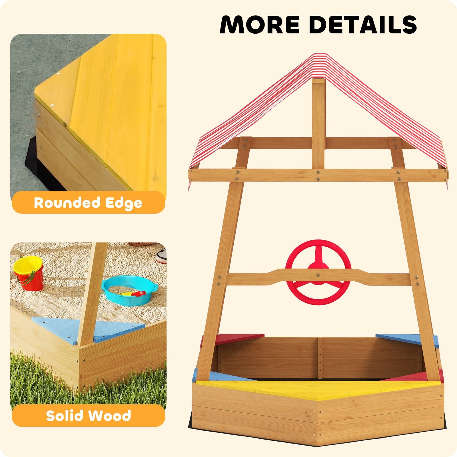 Wooden Kids Sandpit, Boat-style Sandbox W/ Canopy, Seats, Rudder & Bottom Liner