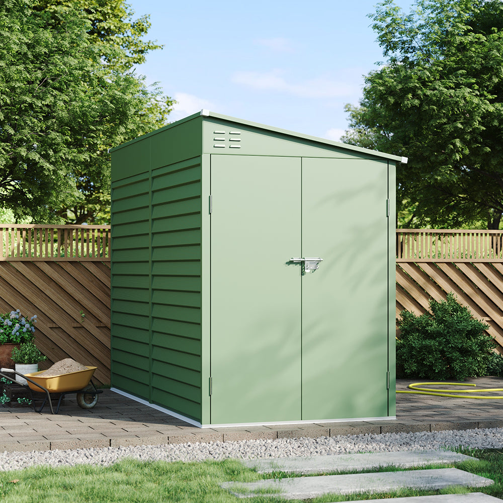 Zinc Steel Metal Garden Shed 4.7 × 8.86 Ft, Sloped Roof Outdoor Storage Shed With Built-in Hooks, Space-saving Design