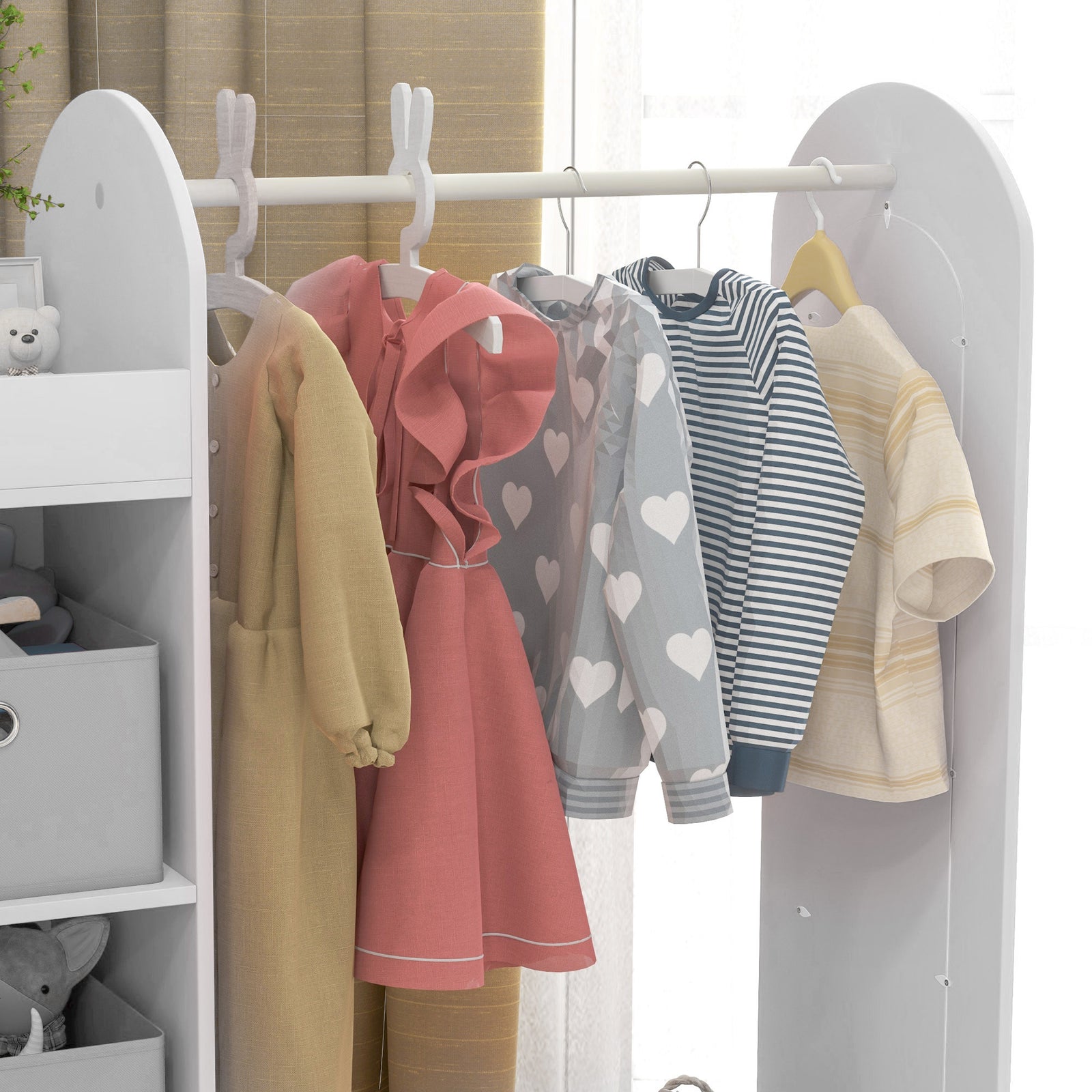 Kids Cloth Rail With Storage Shelf, Boxes, Mirror For Bedroom | White
